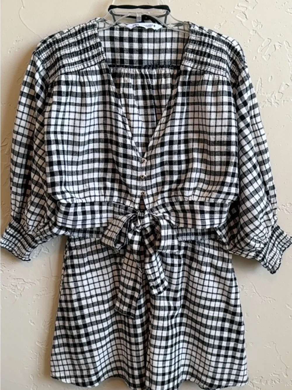 Zara Black and White 2PC Plaid Button-Front Tie-Waist Blouse with Matching Short